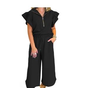 Black Women's Wide-Leg Ribbed Jumpsuit with Zip Collar